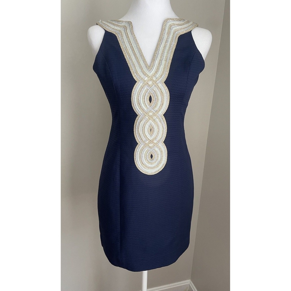Lilly Pulitzer S 00 Dress‎ Navy Blue Gold Embellished Valli Mini Shift Career
